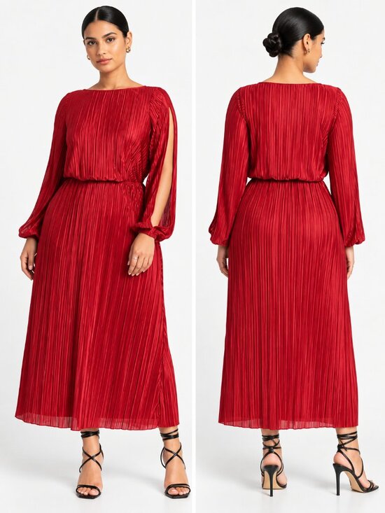 Eloquii Dresses & Skirts - ELOQUII Red Plissé Satin Open Sleeve Midi Wedding Guest Dress 18 NWT